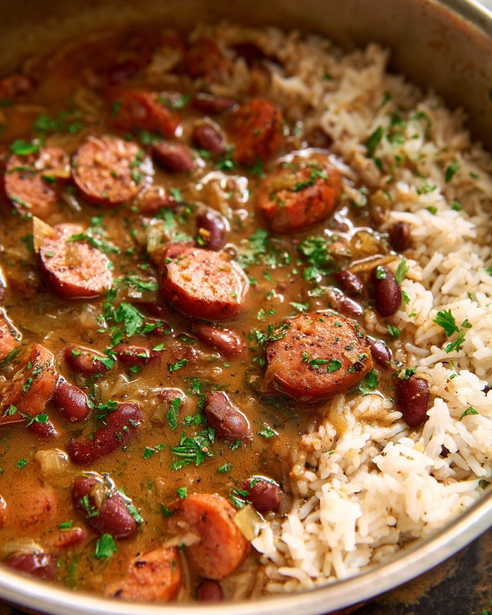 Close-up of a delicious red beans and rice recipe with sliced sausage and fresh parsley.