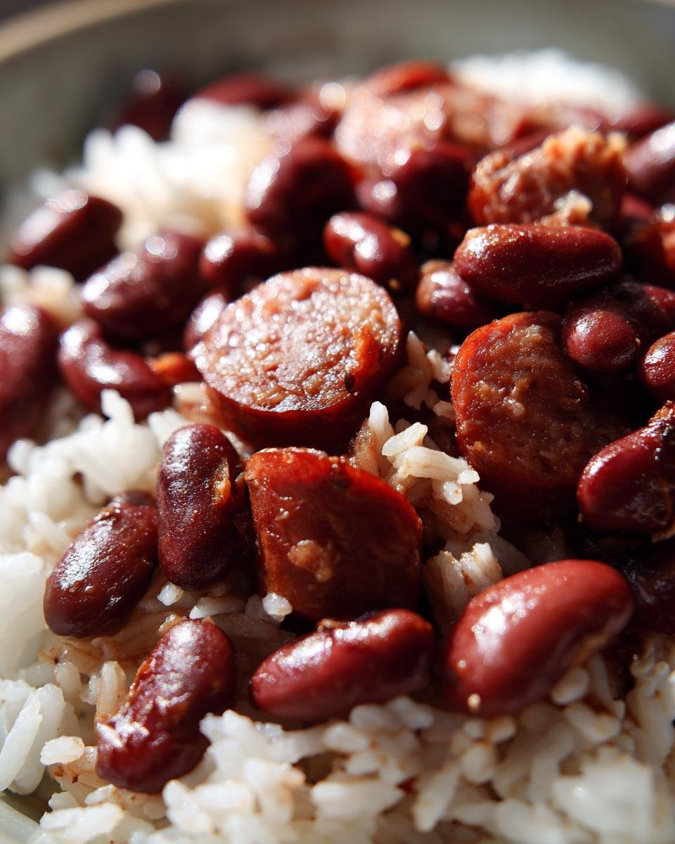 Close-up of a bowl of red beans and rice recipe, featuring tender red beans and sliced sausage over fluffy white rice.