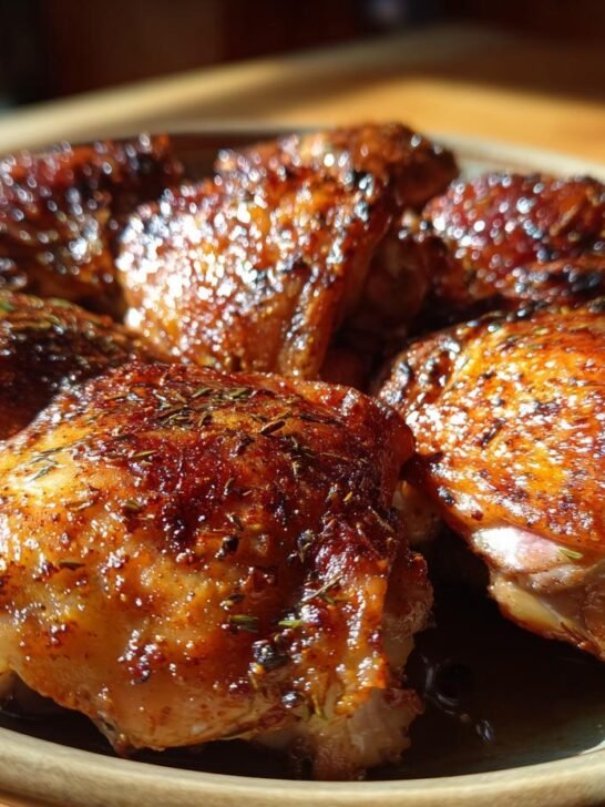 Close-up of perfectly roasted chicken thighs with crispy skin, seasoned with herbs.