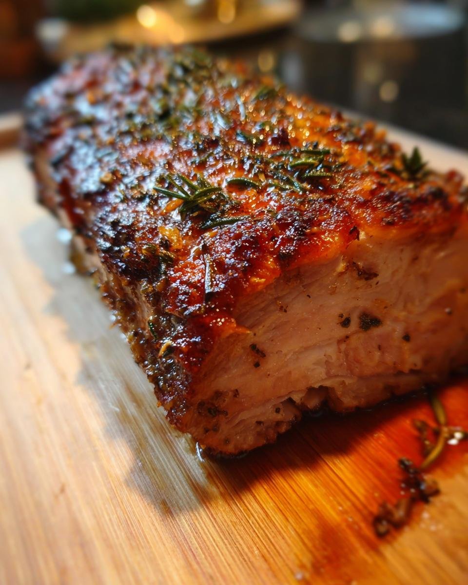 Close-up of a perfectly roasted pork loin with a crispy, herb-crusted exterior, ready for slicing.