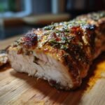Close-up of a perfectly roasted pork loin, seasoned with herbs and spices, sliced on a wooden cutting board.