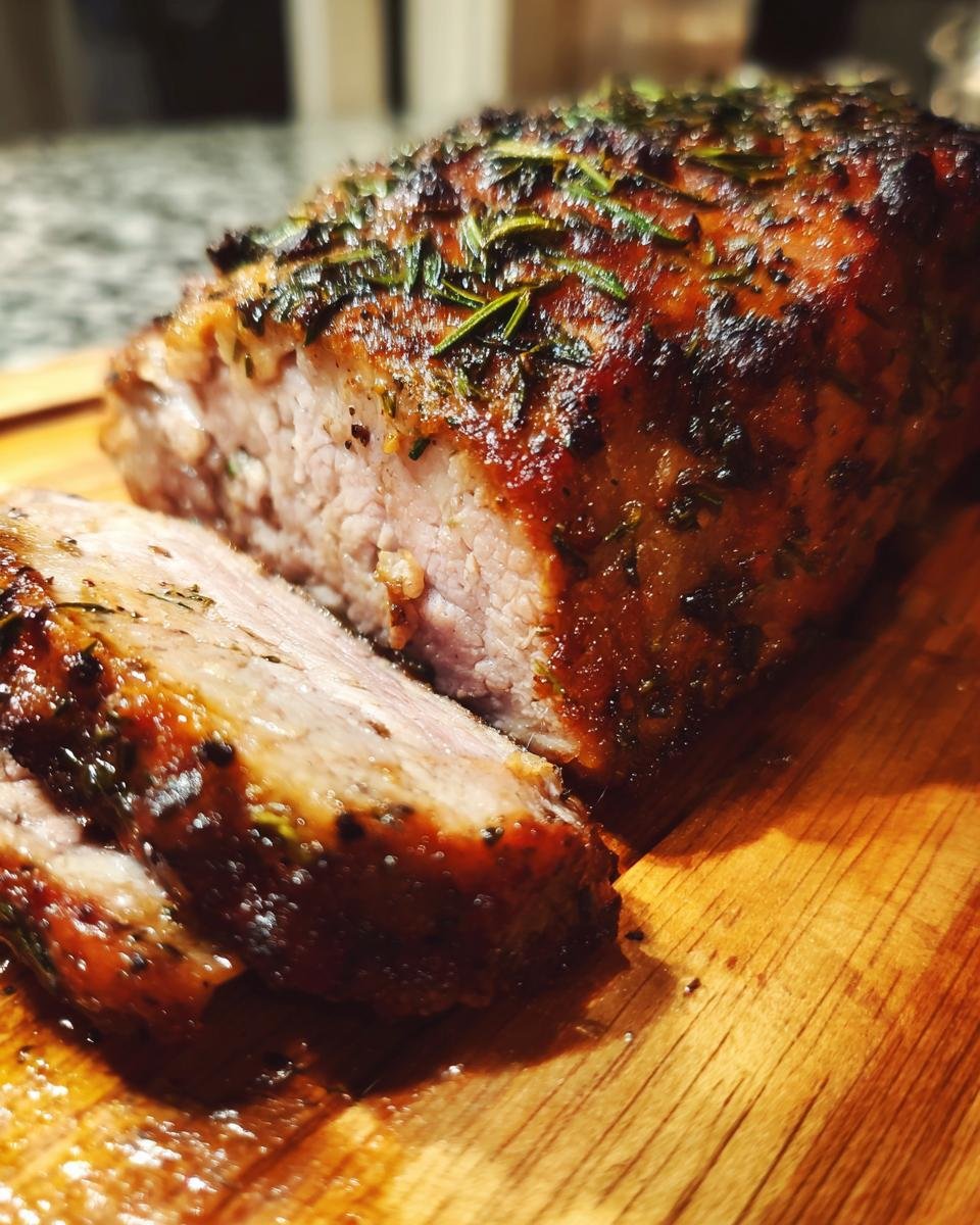 A close-up of a perfectly roasted pork loin, sliced to reveal its juicy interior and herb-crusted exterior.
