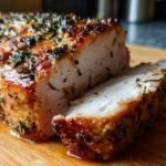 A close-up of a perfectly roasted pork loin, sliced to reveal tender, juicy meat seasoned with herbs.