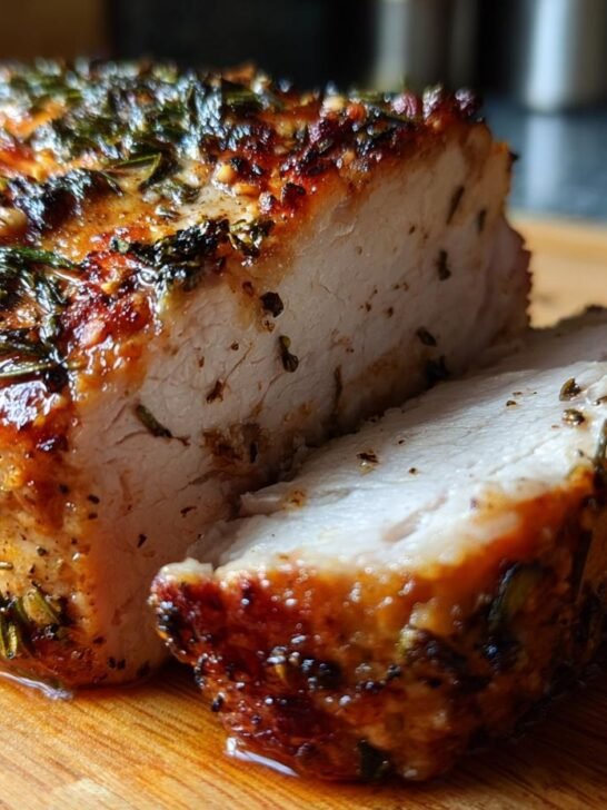 A close-up of a perfectly roasted pork loin, sliced to reveal tender, juicy meat seasoned with herbs.