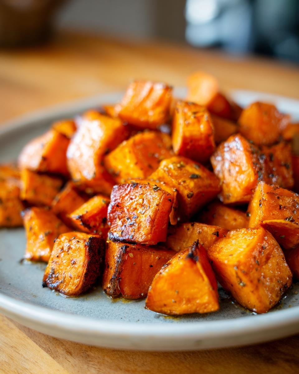 Close-up of perfectly roasted sweet potato cubes seasoned with herbs.