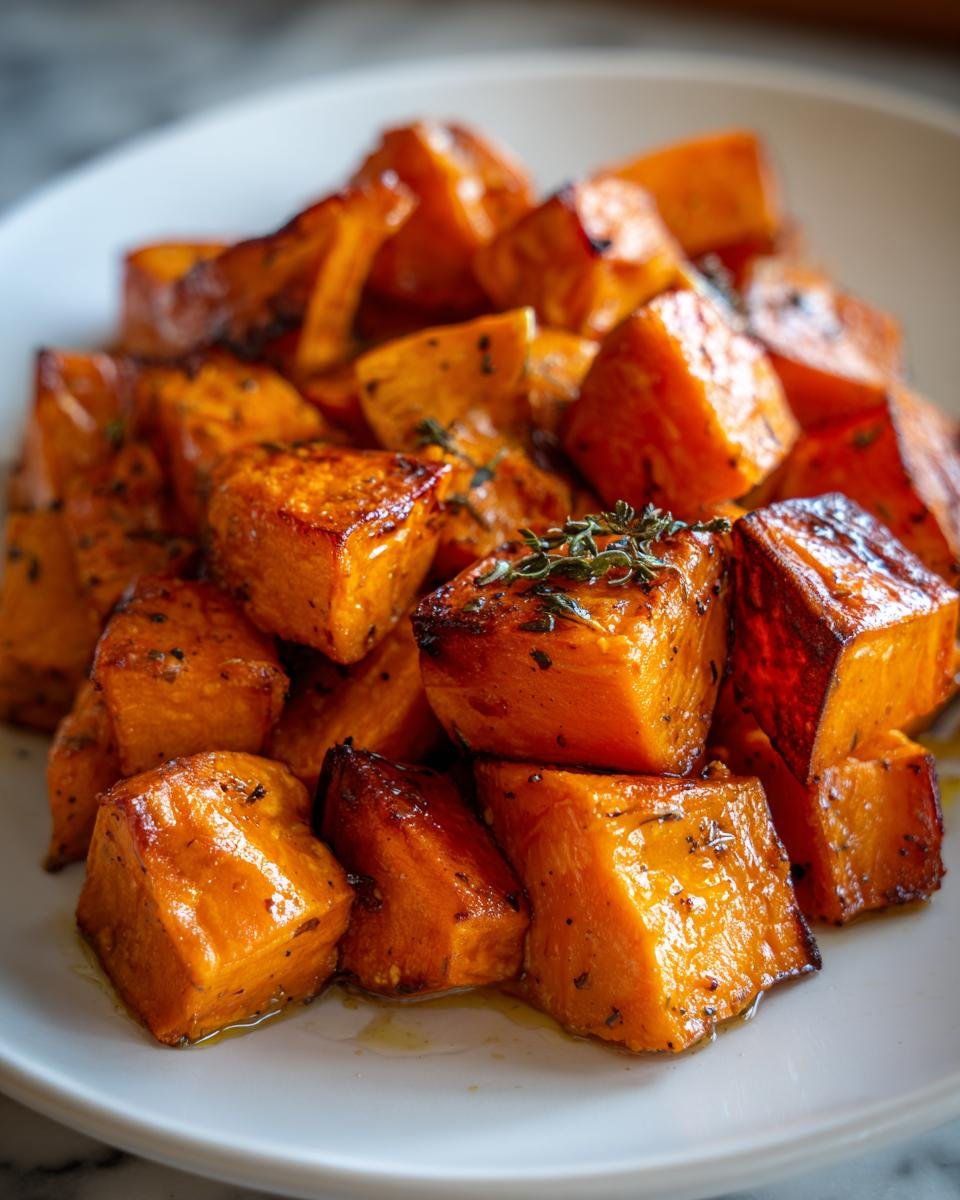 Close-up of glistening roasted sweet potato cubes seasoned with herbs, a delicious addition to sweet potato recipes.