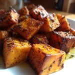 Close-up of perfectly roasted sweet potato cubes seasoned with herbs and spices, a delicious addition to sweet potato recipes.