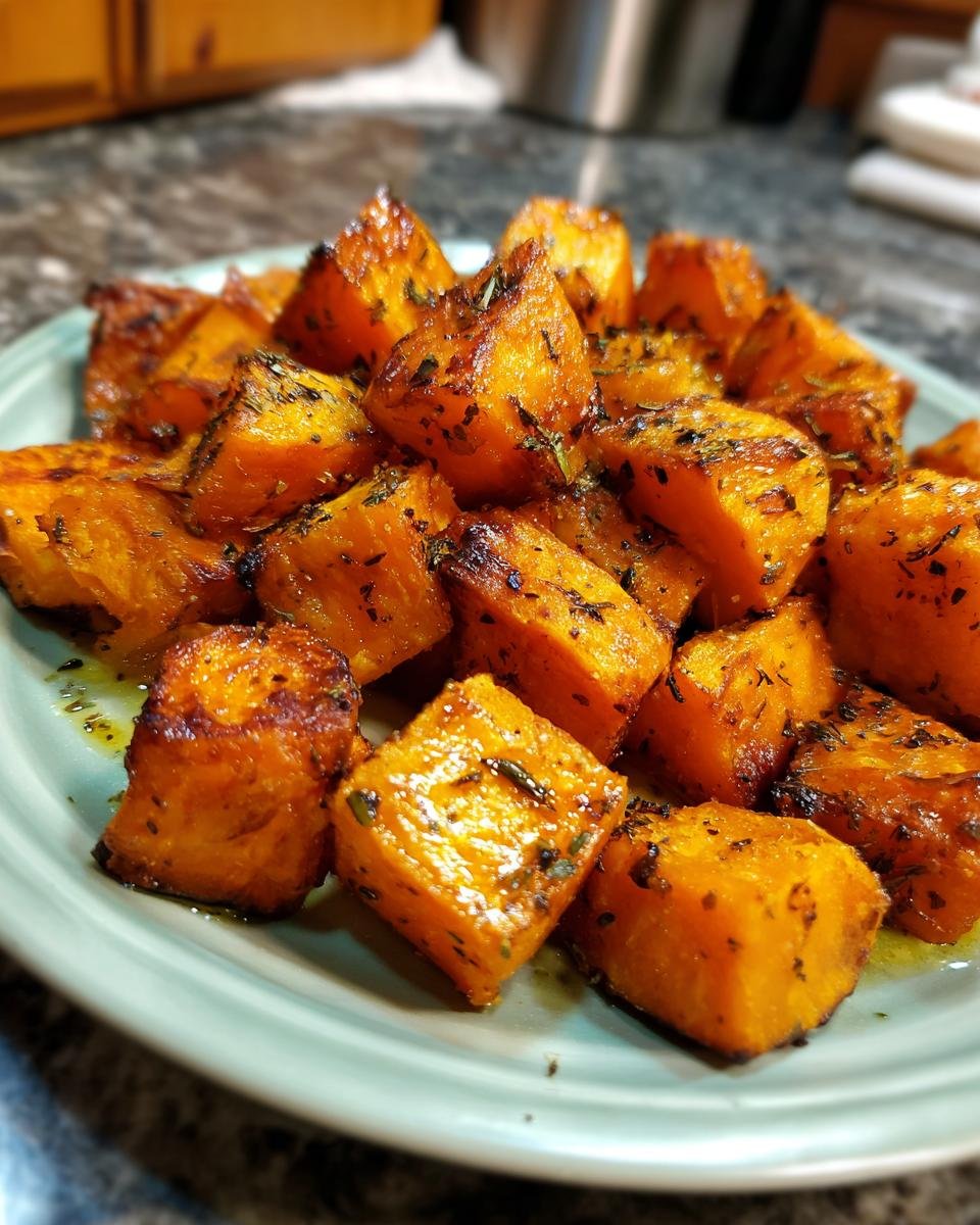 Close-up of a plate of perfectly roasted sweet potato cubes, seasoned with herbs.