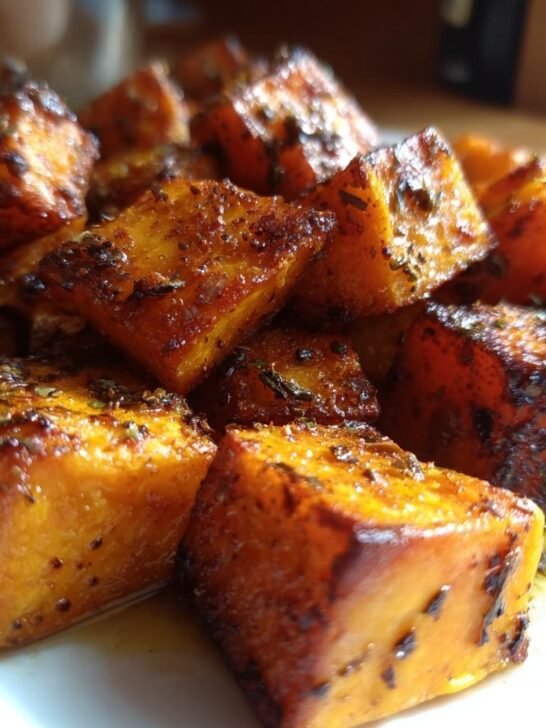 Close-up of perfectly roasted sweet potato cubes seasoned with herbs and spices, a delicious addition to sweet potato recipes.