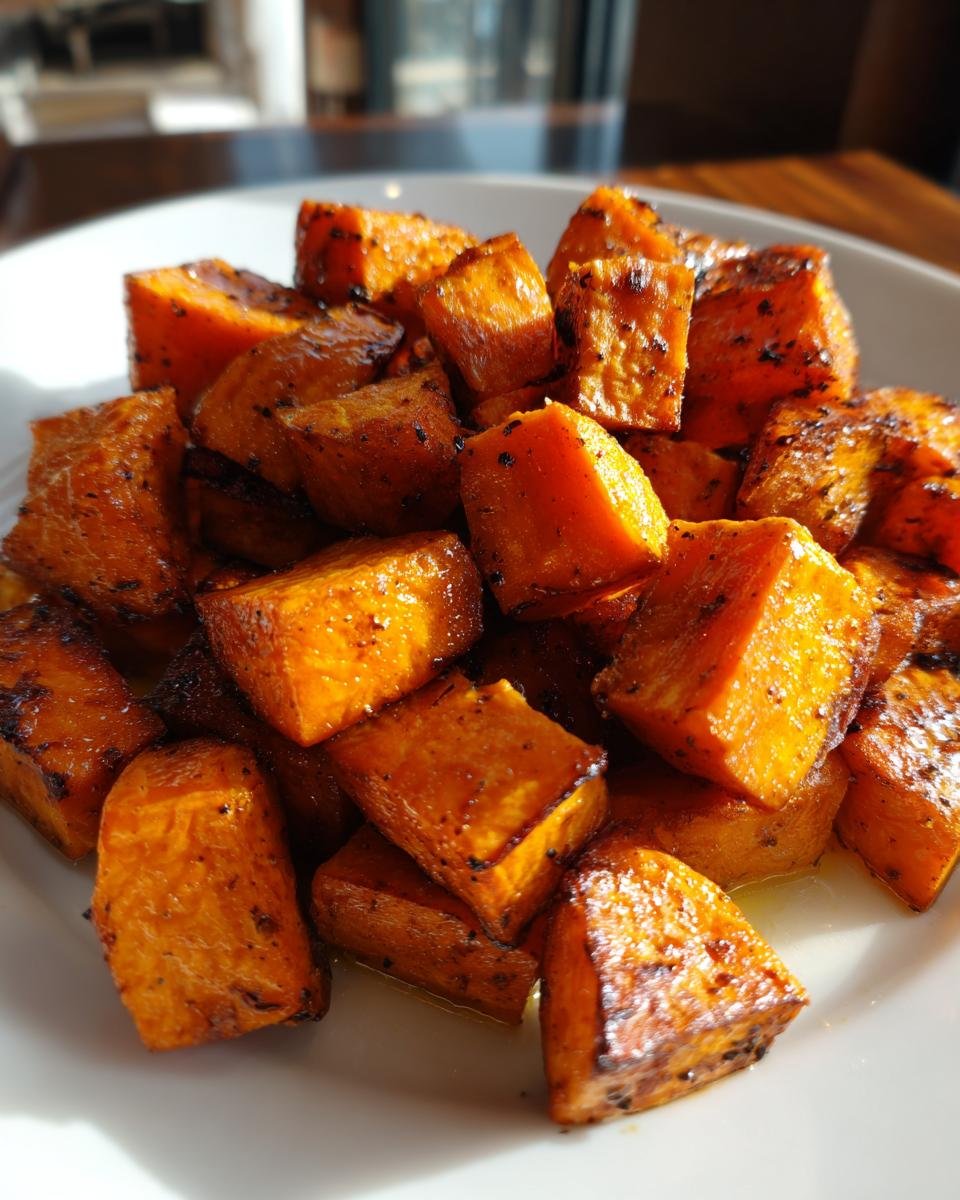 Close-up of roasted sweet potato cubes with visible seasoning, a delicious addition to sweet potato recipes.