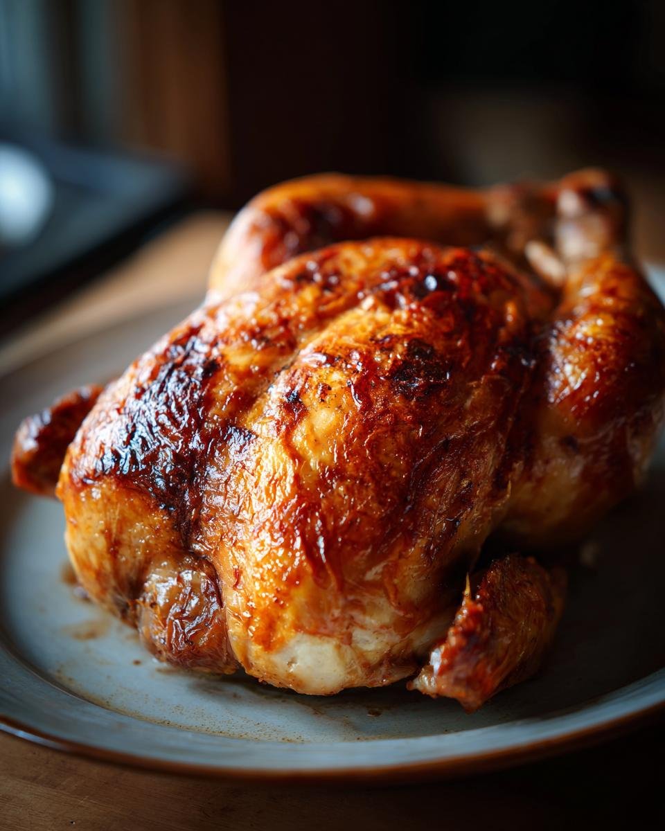 A perfectly roasted golden rotisserie chicken on a plate, ready to be served.
