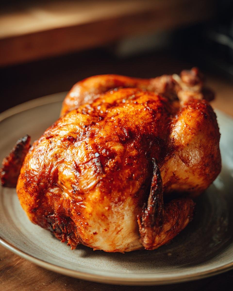 A perfectly roasted, golden-brown rotisserie chicken sits on a rustic plate, ready to be served.