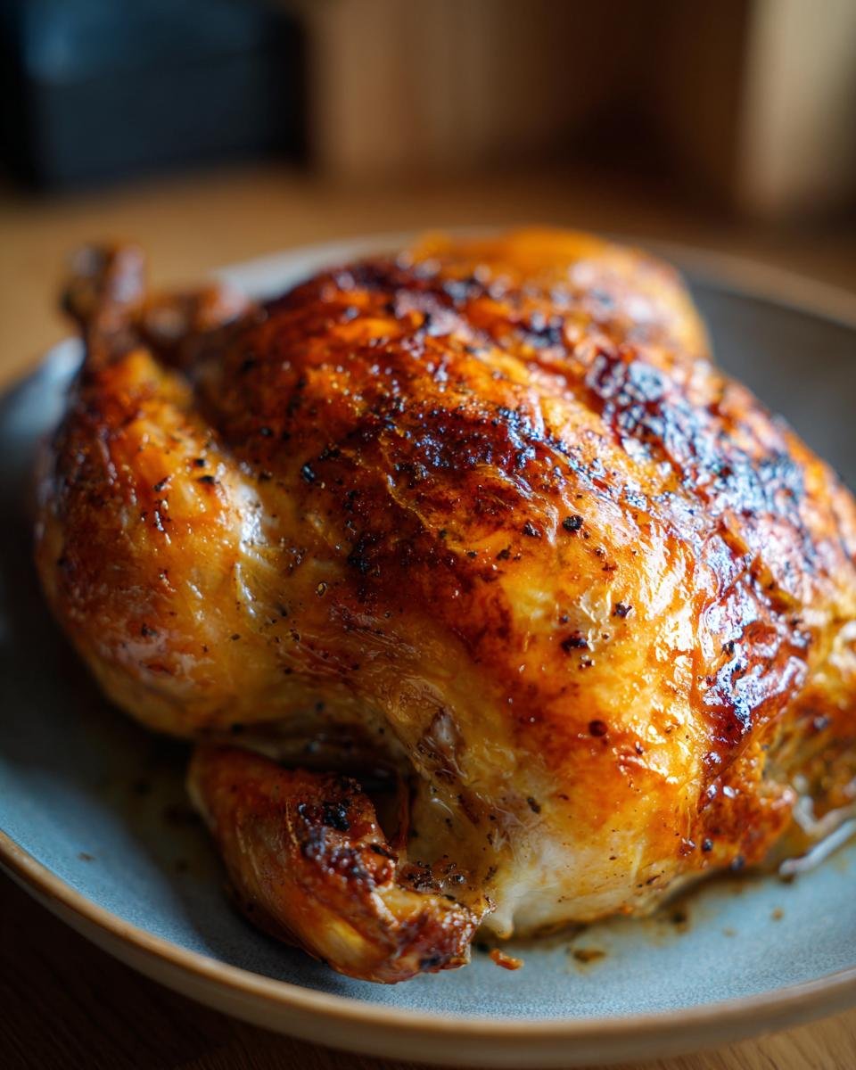 A perfectly cooked, golden-brown rotisserie chicken on a plate, seasoned with herbs and spices.