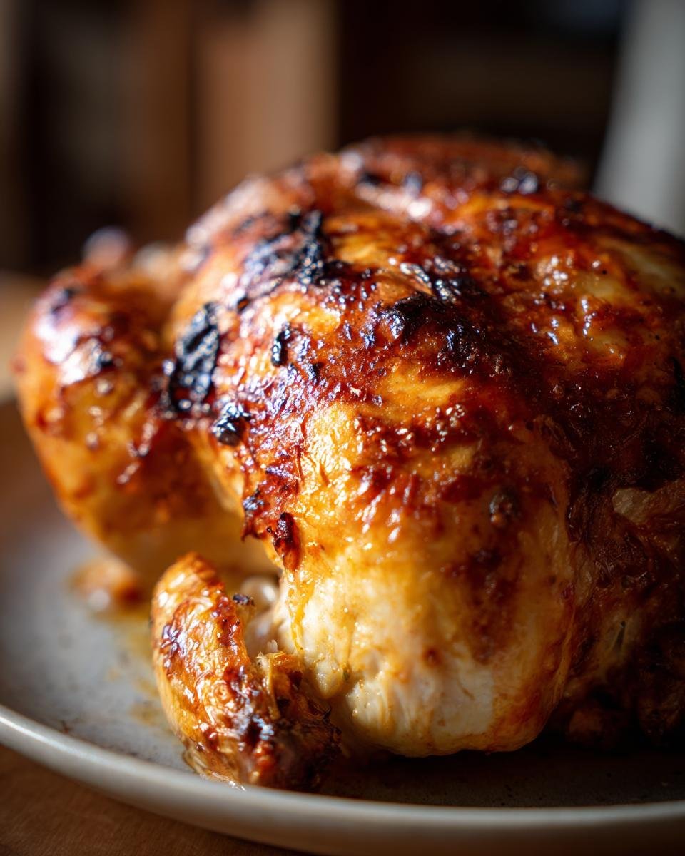Close-up of a perfectly roasted rotisserie chicken with crispy, golden-brown skin on a plate.