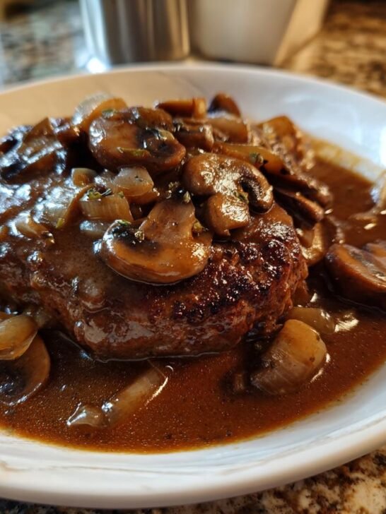 A juicy Salisbury steak recipe served with a rich mushroom and onion gravy on a white plate.