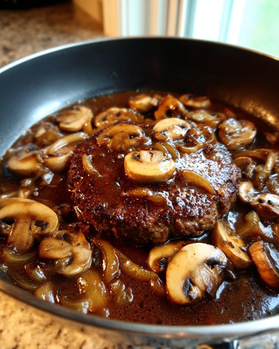 Close-up of a juicy salisbury steak recipe patty in a skillet with sautéed mushrooms and onions in a rich gravy.