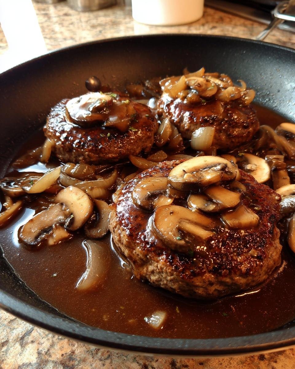 Three juicy Salisbury steak patties in a rich brown gravy with sautéed mushrooms and onions.