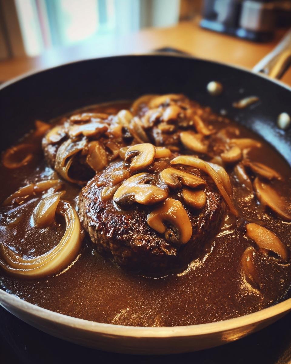 Close-up of a classic salisbury steak recipe in a skillet, topped with sautéed mushrooms and onions in rich gravy.