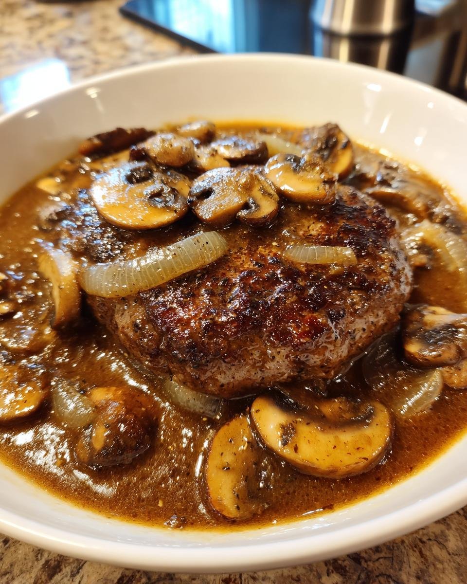 Close-up of a juicy Salisbury steak recipe topped with sautéed mushrooms and onions in a rich brown gravy.
