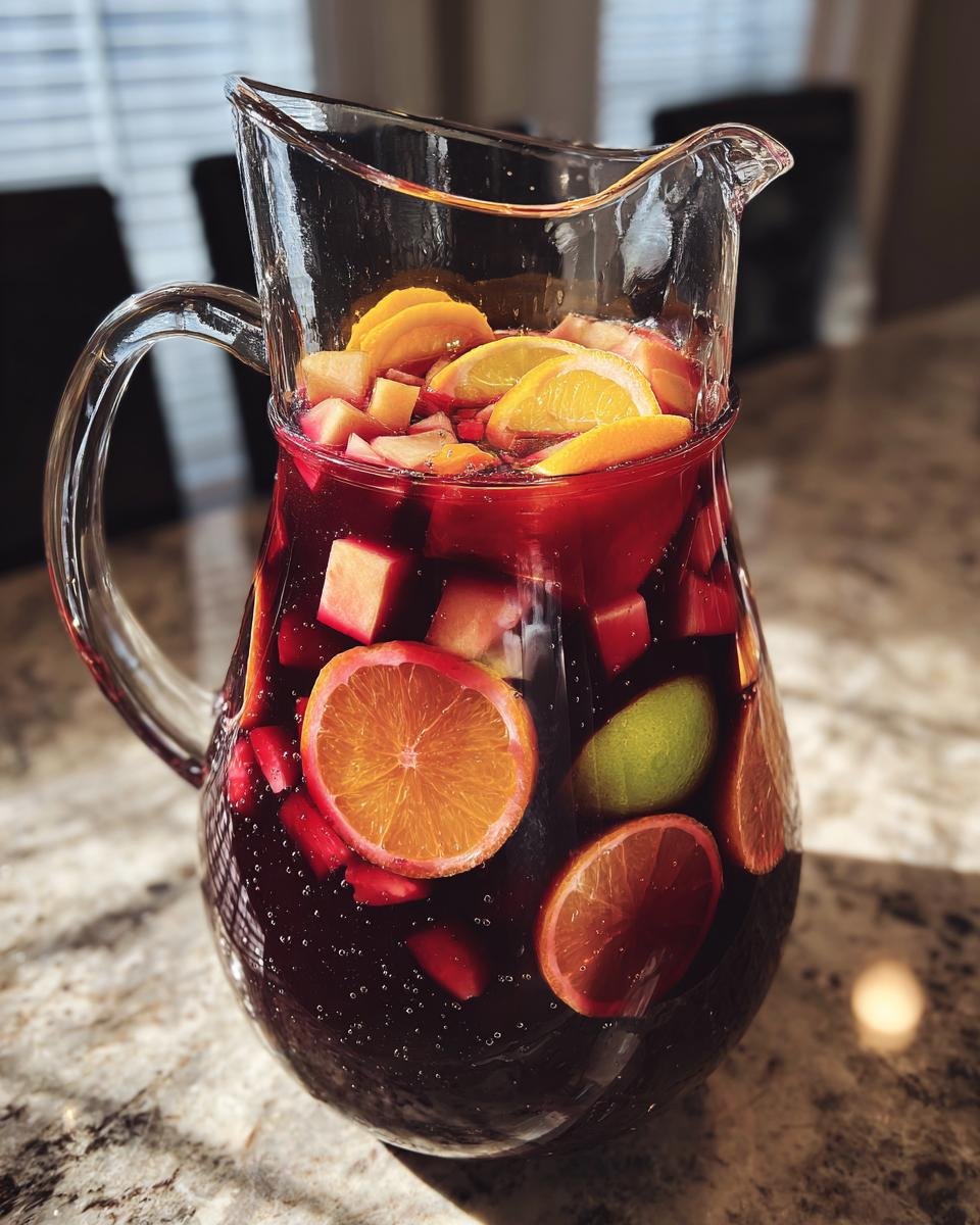 A clear glass pitcher filled with a deep red sangria recipe, packed with fresh fruit slices like oranges and limes, and cubed apples.