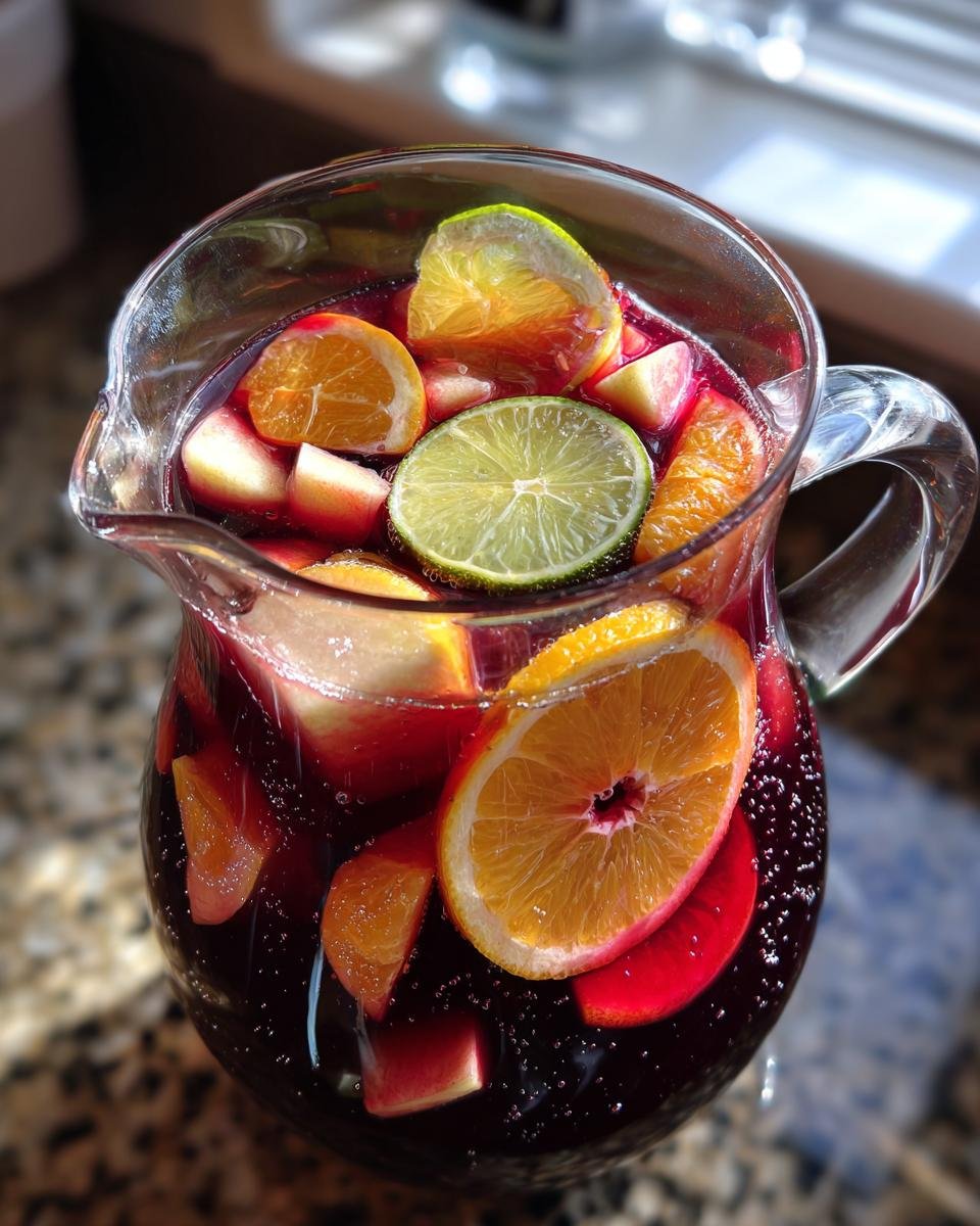 A clear glass pitcher filled with a vibrant red sangria recipe, packed with slices of oranges, limes, and diced apples.