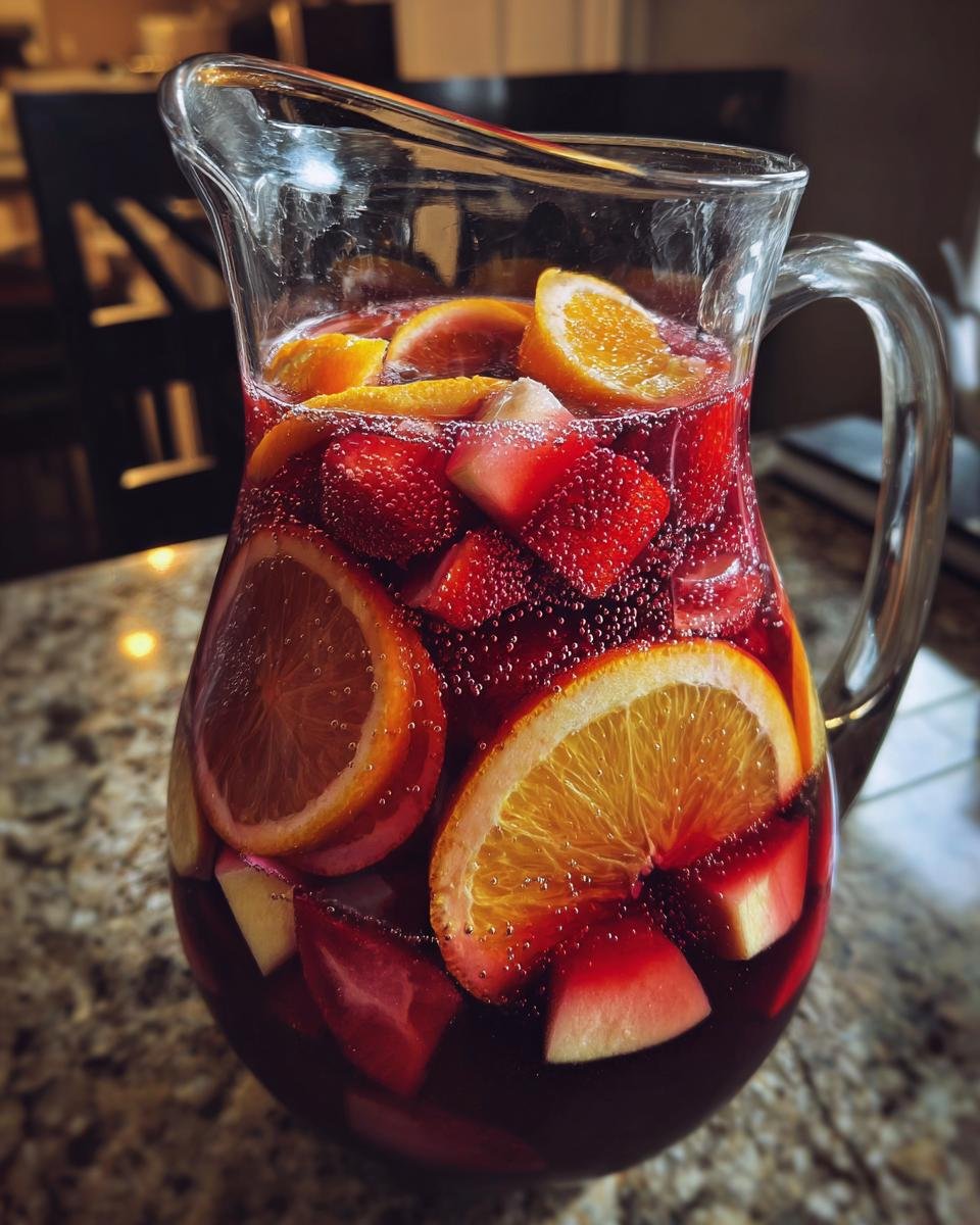 A close-up of a glass pitcher filled with a vibrant sangria recipe, featuring slices of oranges, strawberries, and apples, with visible bubbles.