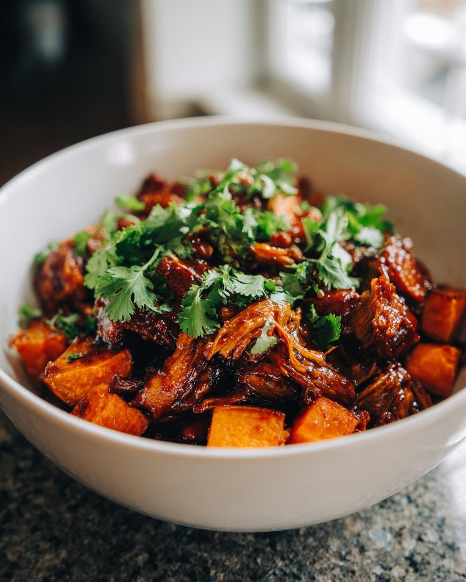 A close-up of a white bowl filled with a Savory BBQ Chicken Roasted Sweet Potato Bowl, topped with fresh cilantro.