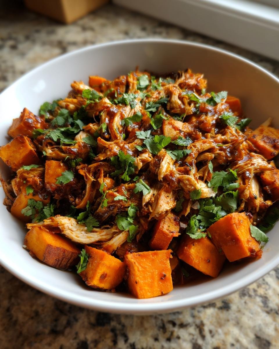 A white bowl filled with a Savory BBQ Chicken Roasted Sweet Potato Bowls recipe, topped with fresh cilantro.