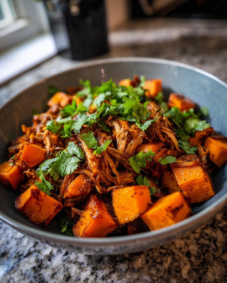 Close-up of a bowl filled with shredded BBQ chicken and roasted sweet potato cubes, topped with fresh cilantro.