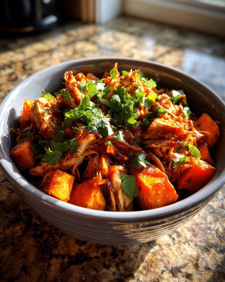 A close-up of a bowl filled with Savory BBQ Chicken Roasted Sweet Potato Bowls, topped with fresh cilantro.