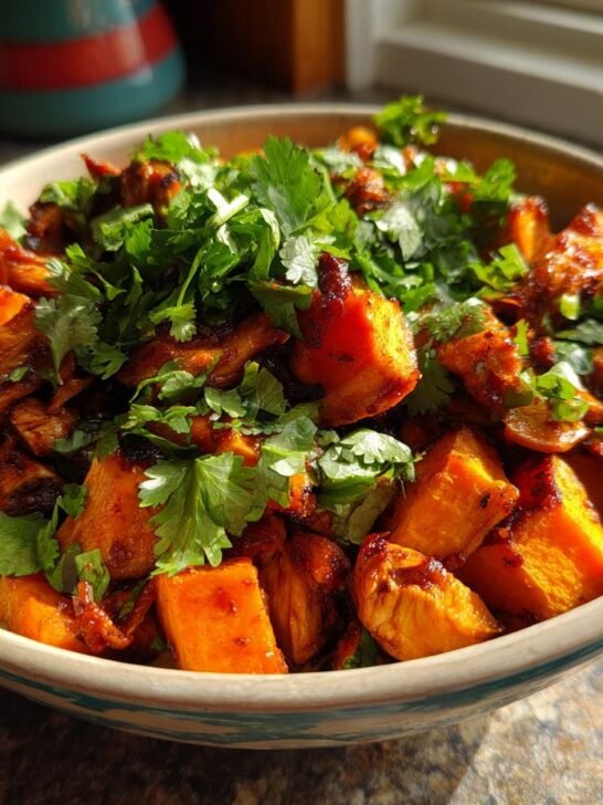 Close-up of a bowl filled with roasted sweet potato cubes and shredded BBQ chicken, topped with fresh cilantro.