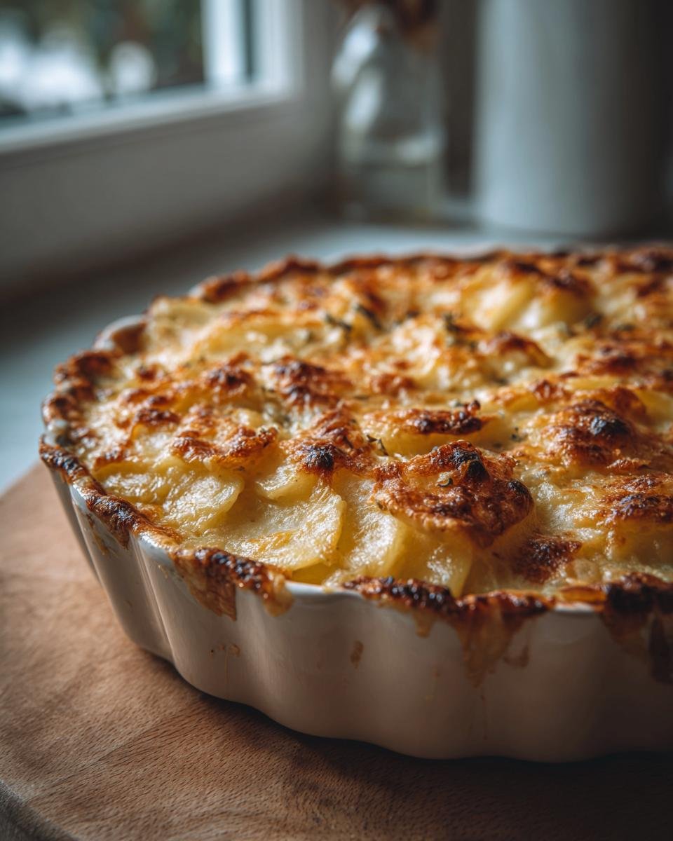 Close-up of a freshly baked scalloped potatoes recipe in a white baking dish, golden brown and bubbly.