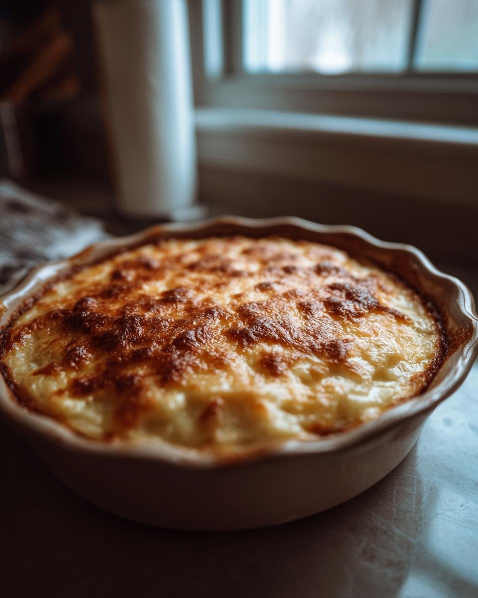 Close-up of a freshly baked scalloped potatoes recipe in a round baking dish, with a golden-brown cheesy crust.