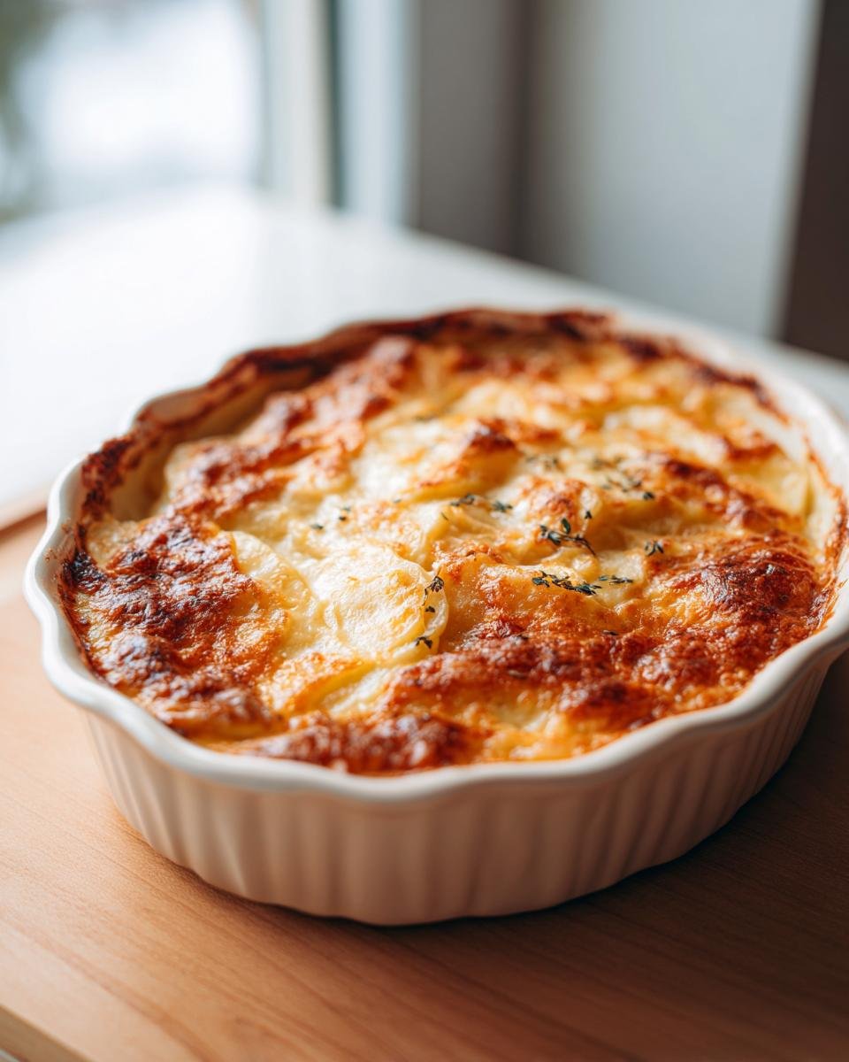 A close-up of a golden-brown baked scalloped potatoes recipe in a white baking dish.