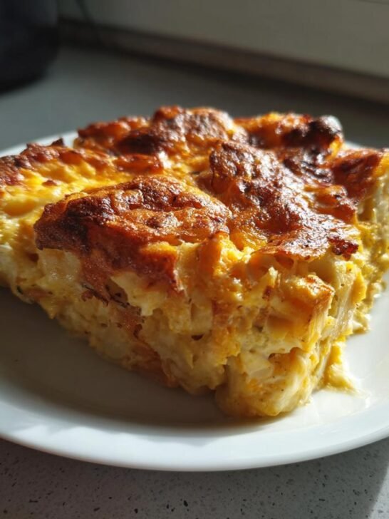 A golden-brown slice of scalloped potatoes recipe on a white plate, ready to be served.