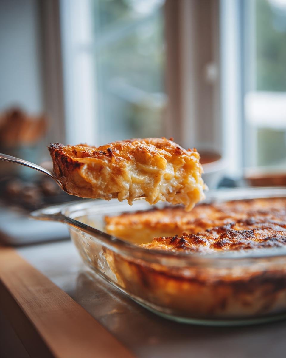A perfect slice of golden brown scalloped potatoes recipe being lifted from a baking dish.