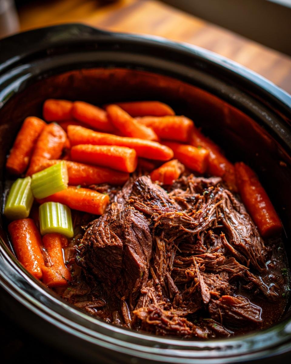 Close-up of tender, shredded beef roast with carrots and celery in a crock pot, showcasing one of the best crock pot recipes.