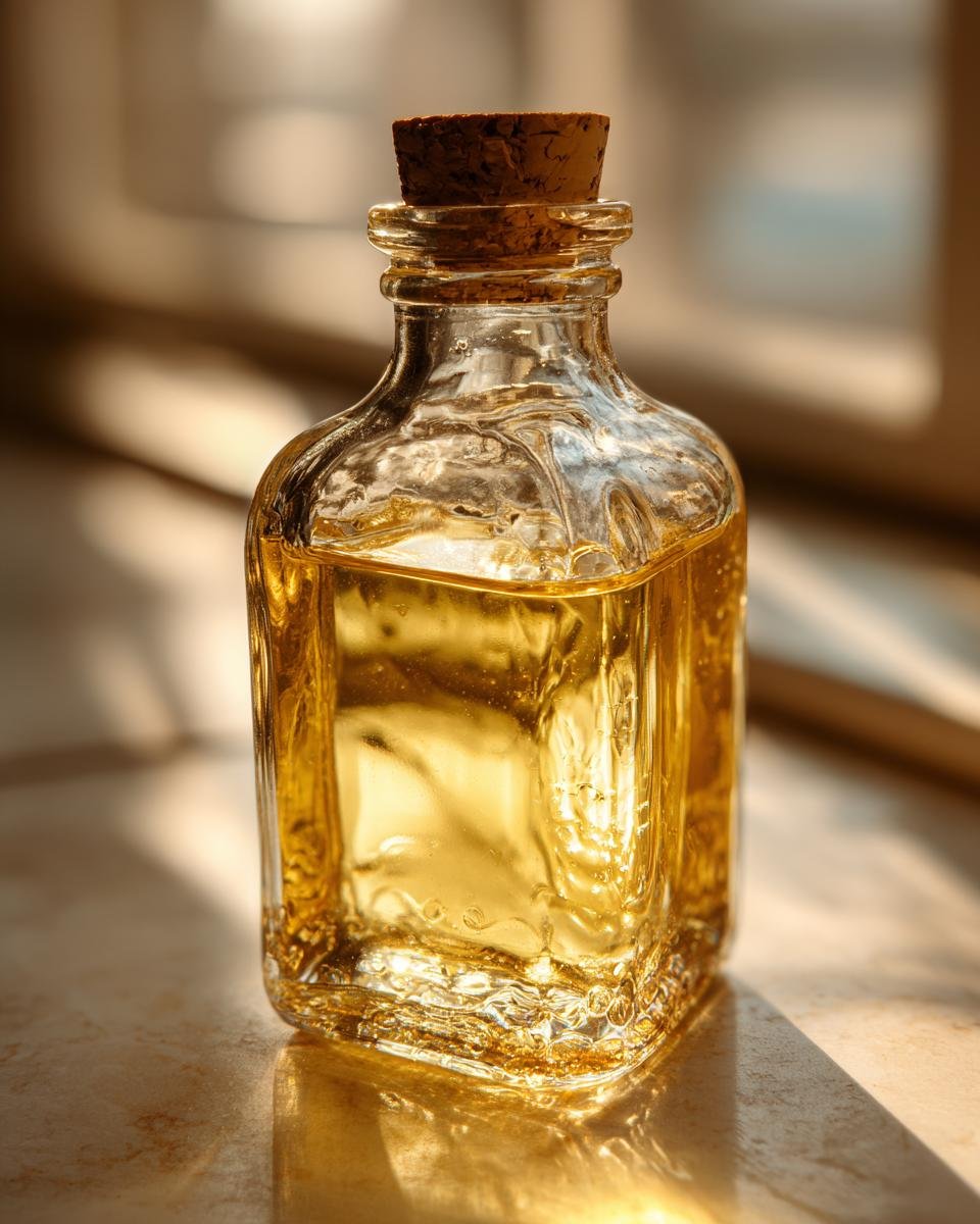 A clear glass bottle filled with golden simple syrup, sealed with a cork, illuminated by natural light.