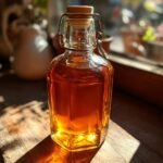 A clear glass bottle filled with golden simple syrup recipe, sealed with a cork and metal clasp, sitting on a wooden surface.