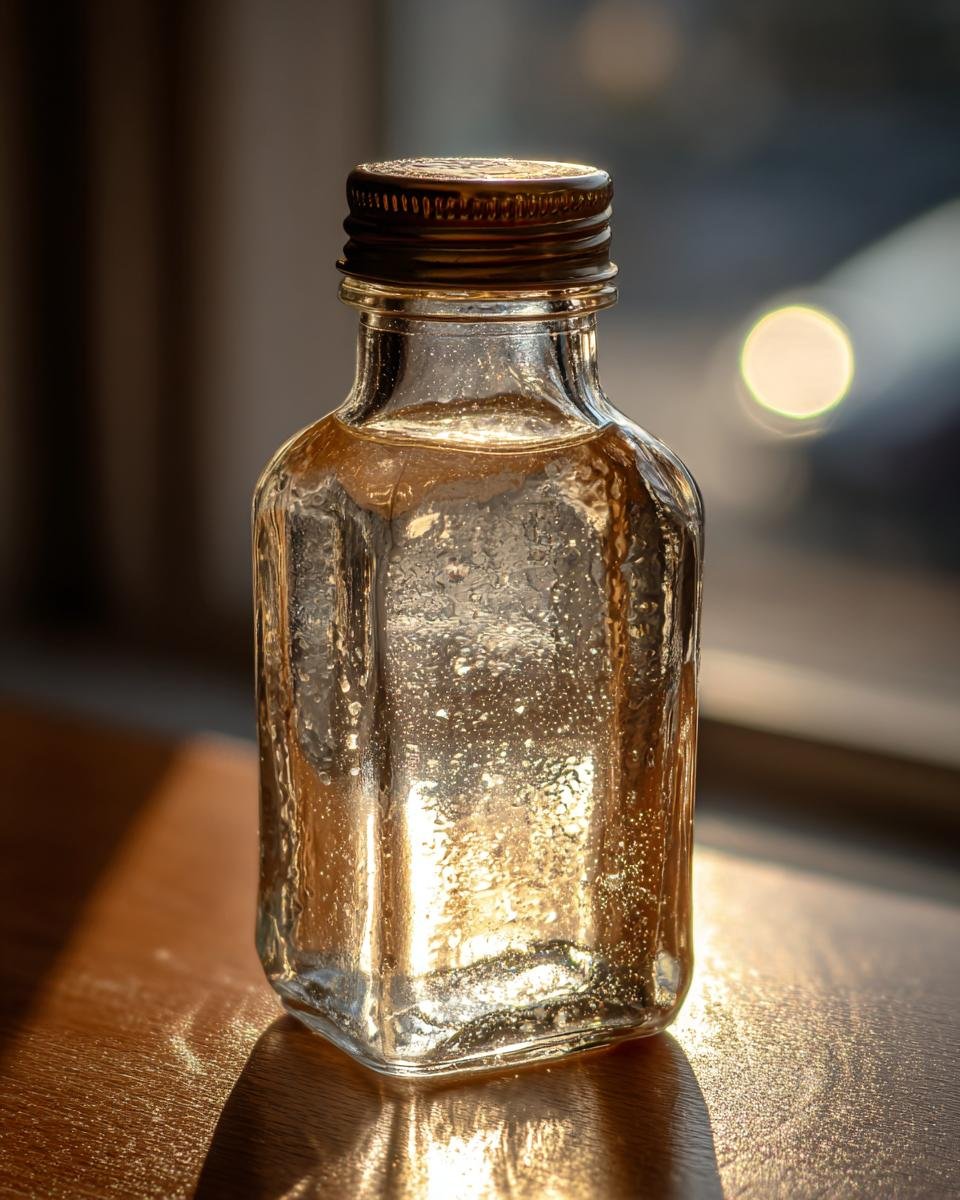 A small glass bottle filled with clear simple syrup recipe, catching the sunlight.