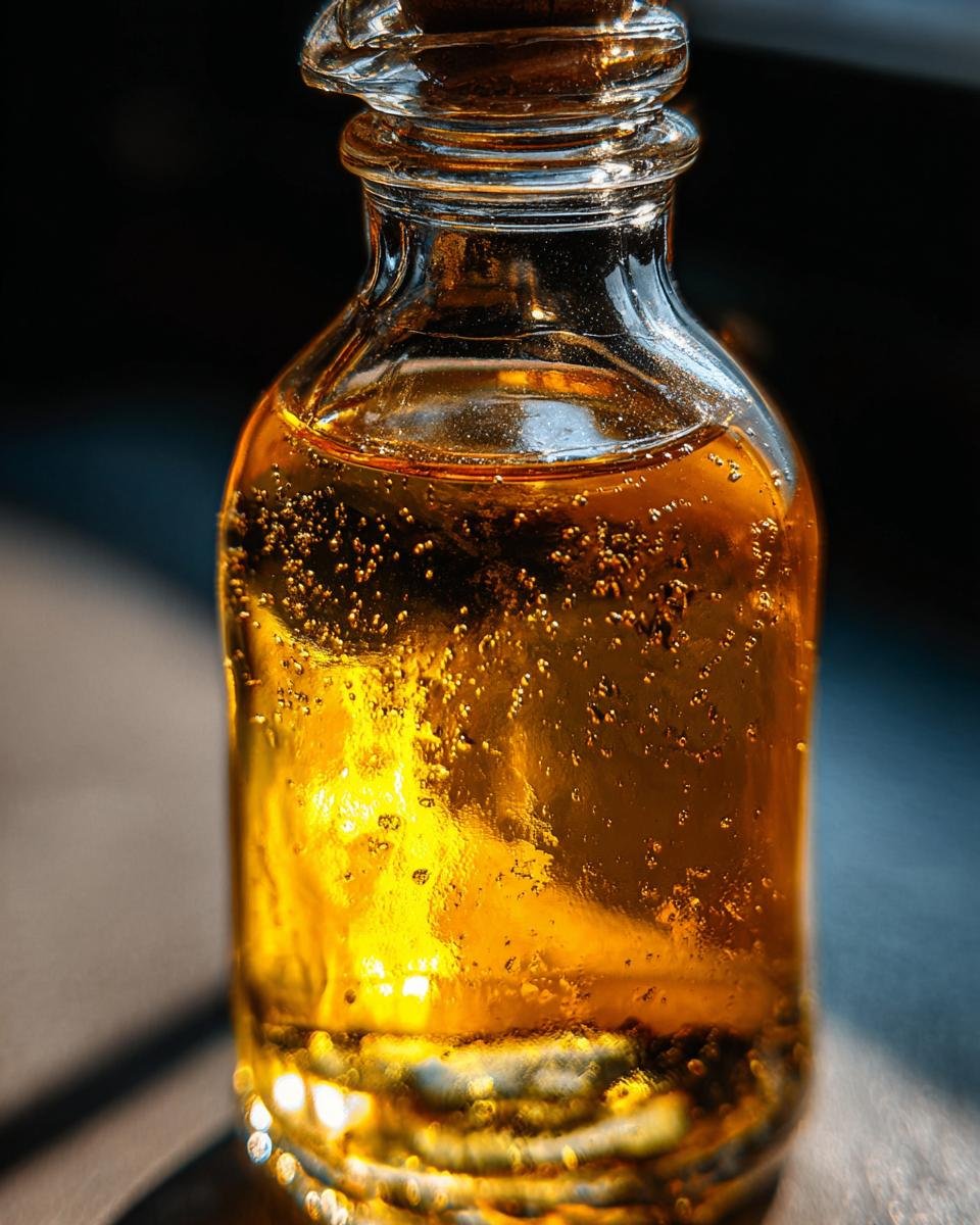 Close-up of a glass bottle filled with golden simple syrup recipe, showing small bubbles.
