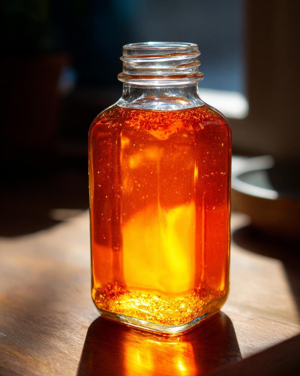 A clear glass bottle filled with golden simple syrup recipe, with tiny bubbles and sediment at the bottom.