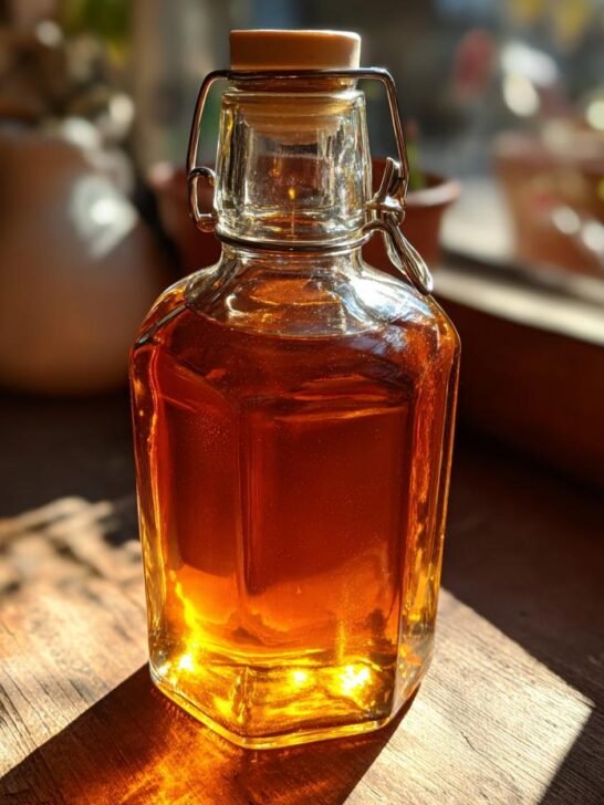 A clear glass bottle filled with golden simple syrup recipe, sealed with a cork and metal clasp, sitting on a wooden surface.