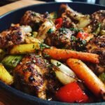 Close-up of sizzling air fryer hibachi chicken and vegetables, including carrots, onions, and bell peppers, seasoned with herbs.