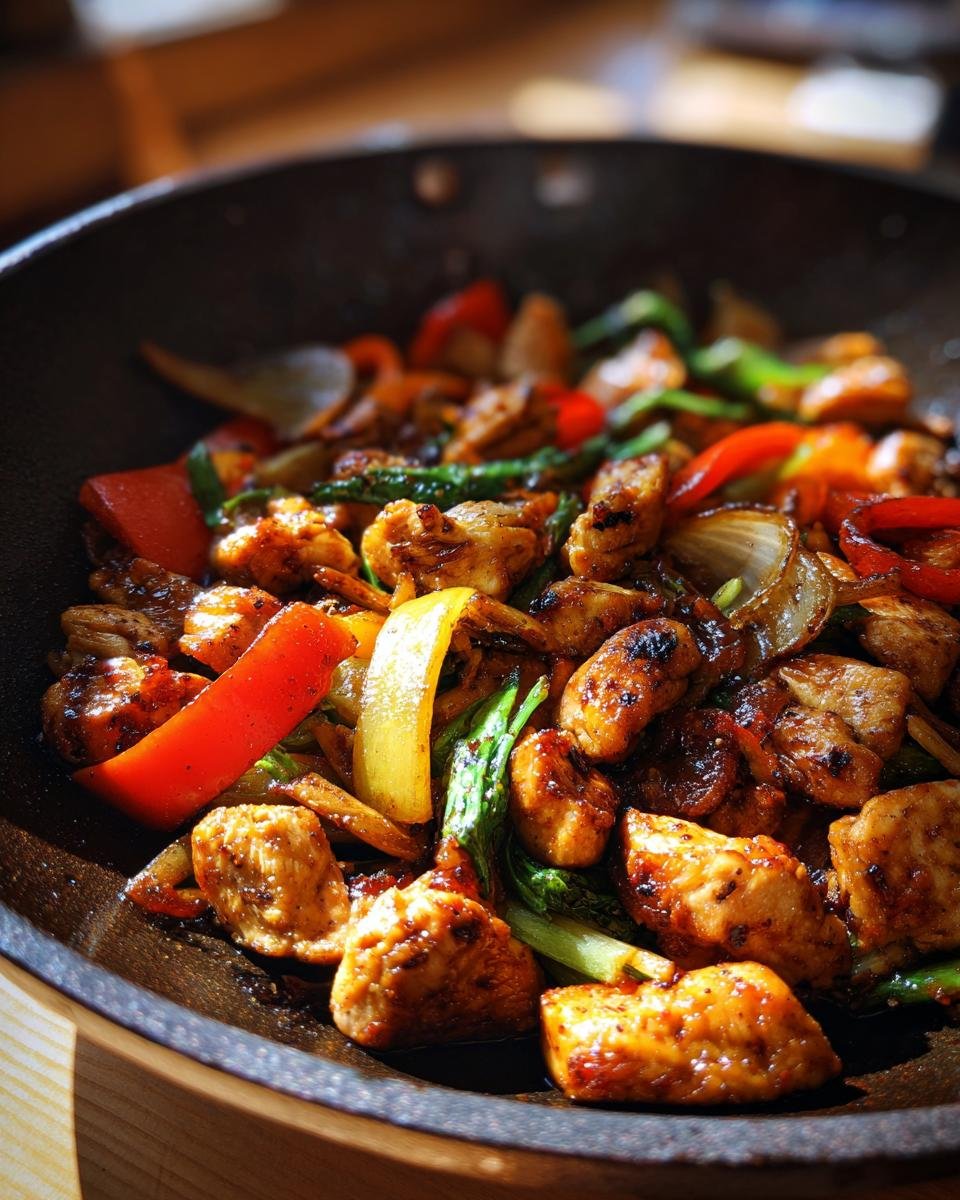 Close-up of sizzling air fryer hibachi chicken and vegetables in a wok, featuring colorful bell peppers, onions, and bok choy.