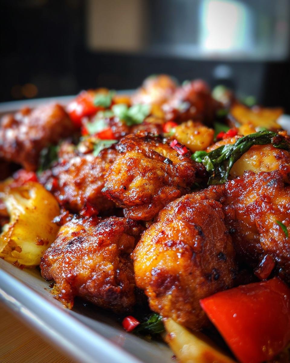 Close-up of Sizzling Air Fryer Hibachi Chicken and Vegetables, glistening with sauce and garnished with herbs and chili flakes.