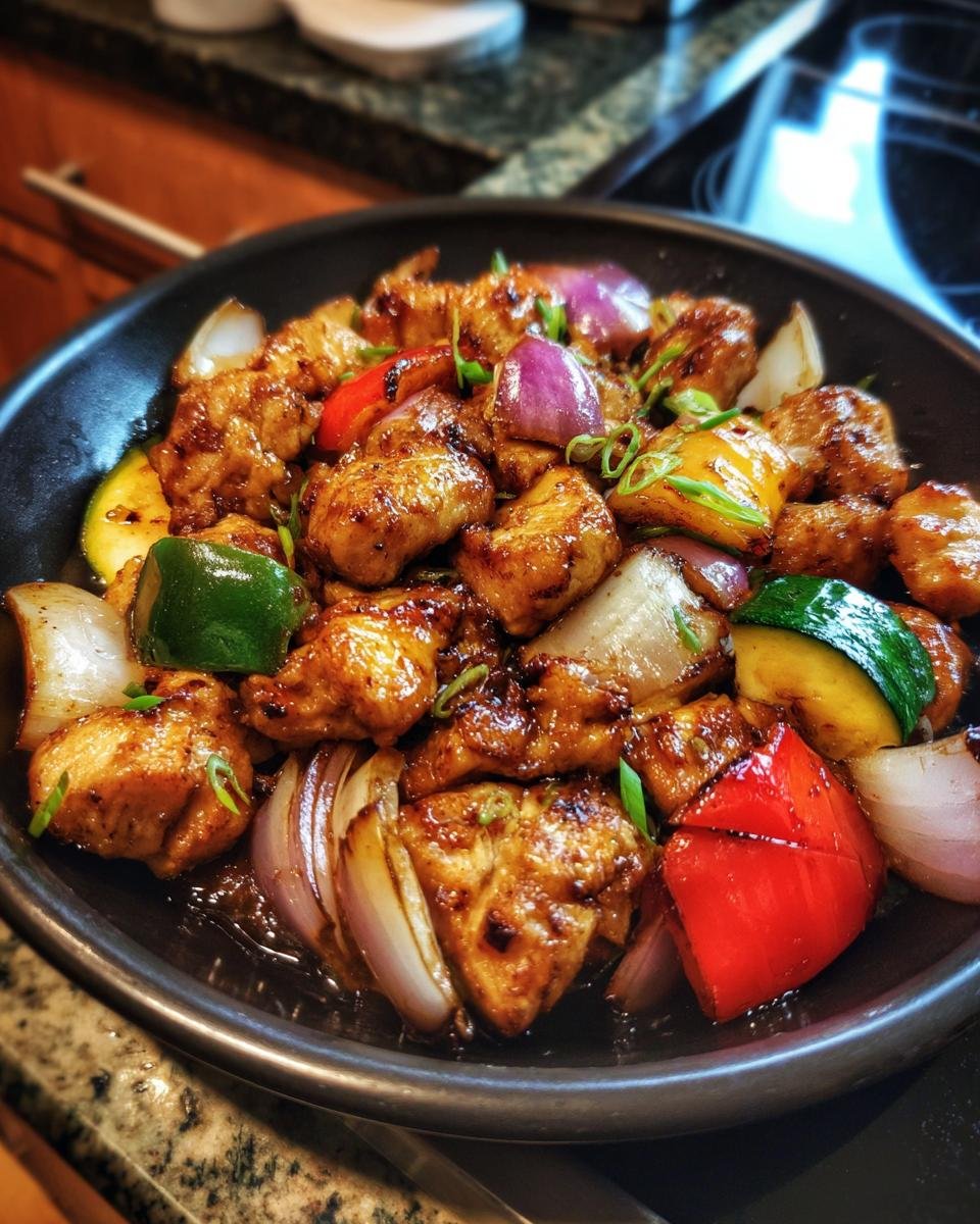 A close-up of sizzling air fryer hibachi chicken and vegetables in a pan, featuring chicken pieces, red onion, bell peppers, and zucchini.