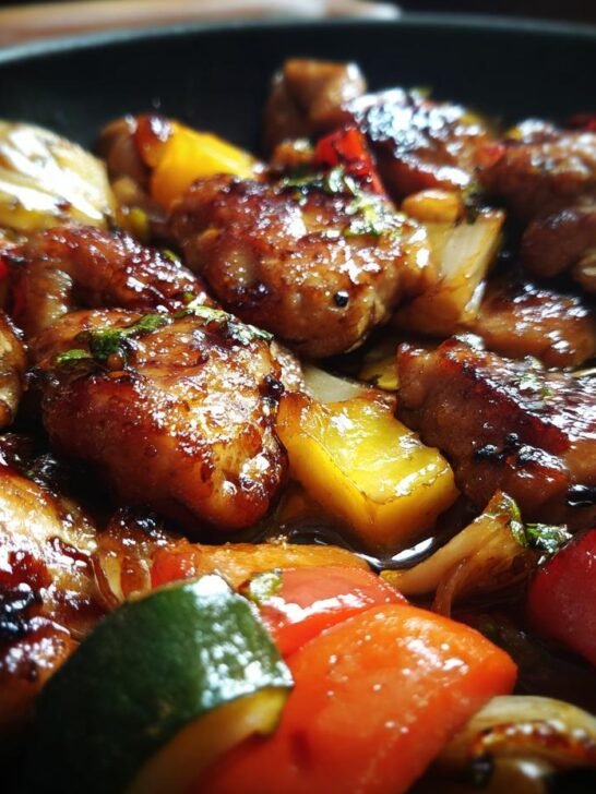 Close-up of sizzling air fryer hibachi chicken and vegetables in a pan, glazed and glistening.