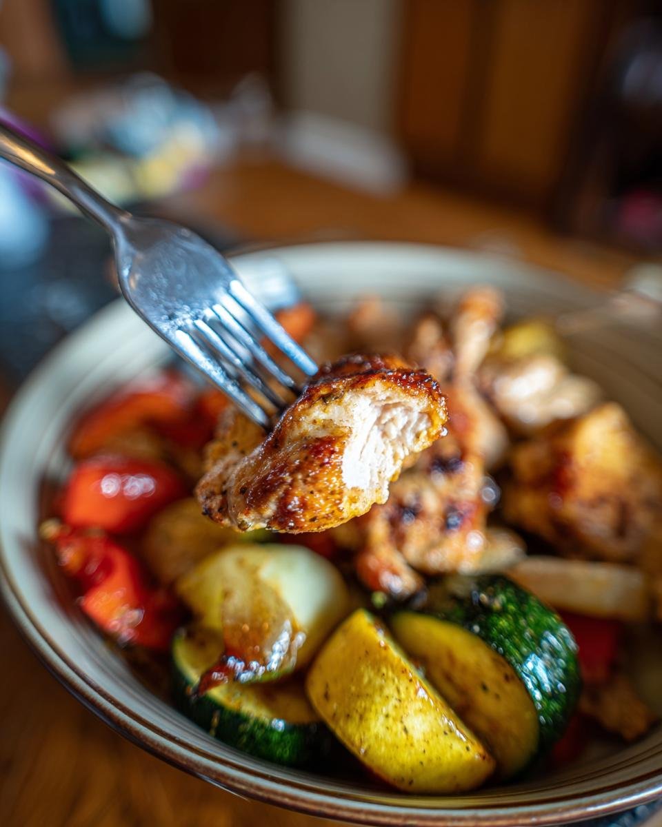 A fork lifts a piece of juicy Sizzling Air Fryer Hibachi Chicken Vegetables from a bowl of colorful vegetables.