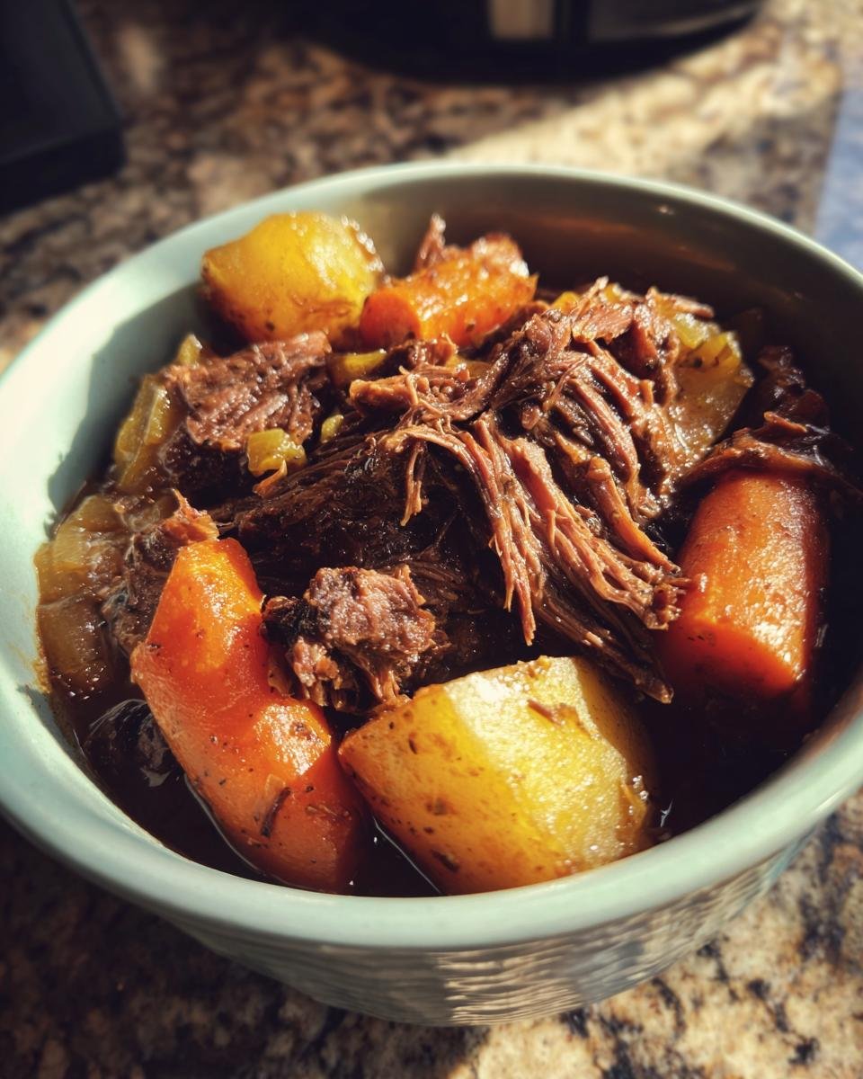 A bowl of tender slow cooker pot roast with chunks of potatoes and carrots in a rich gravy.